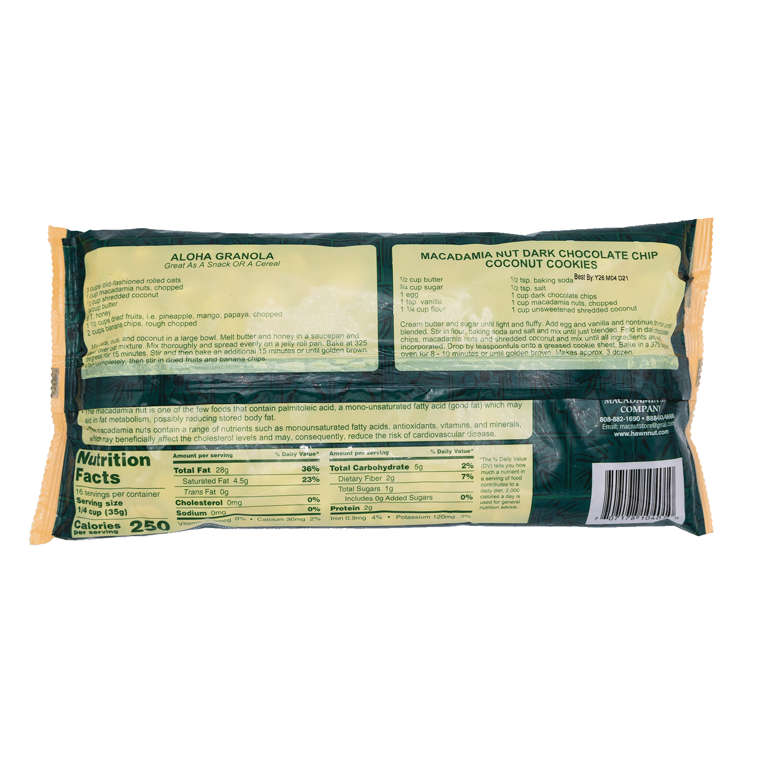 Nutrition Panel of a 20oz bag of Unsalted Baking Macadamia Nuts
