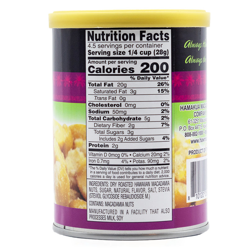 Nutrional label of 4.5oz can of Hāmākua Macadamia Nut Company Birthday Cake Macadamia Nuts