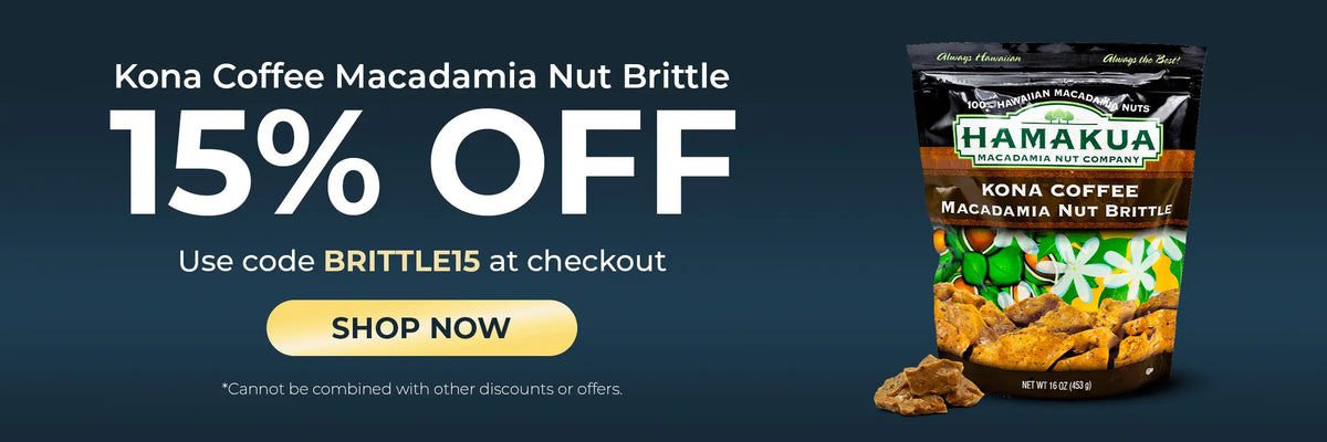 Three bags of Kona Coffee Macadamia Nut Brittle next to words saying 15% off the product by using code BRITTLE15 at checkout.