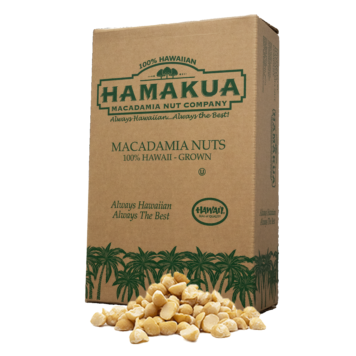 Hāmākua Macadamia Nut Company bulk box with a pile of Style 3 macadamia nuts in front of it