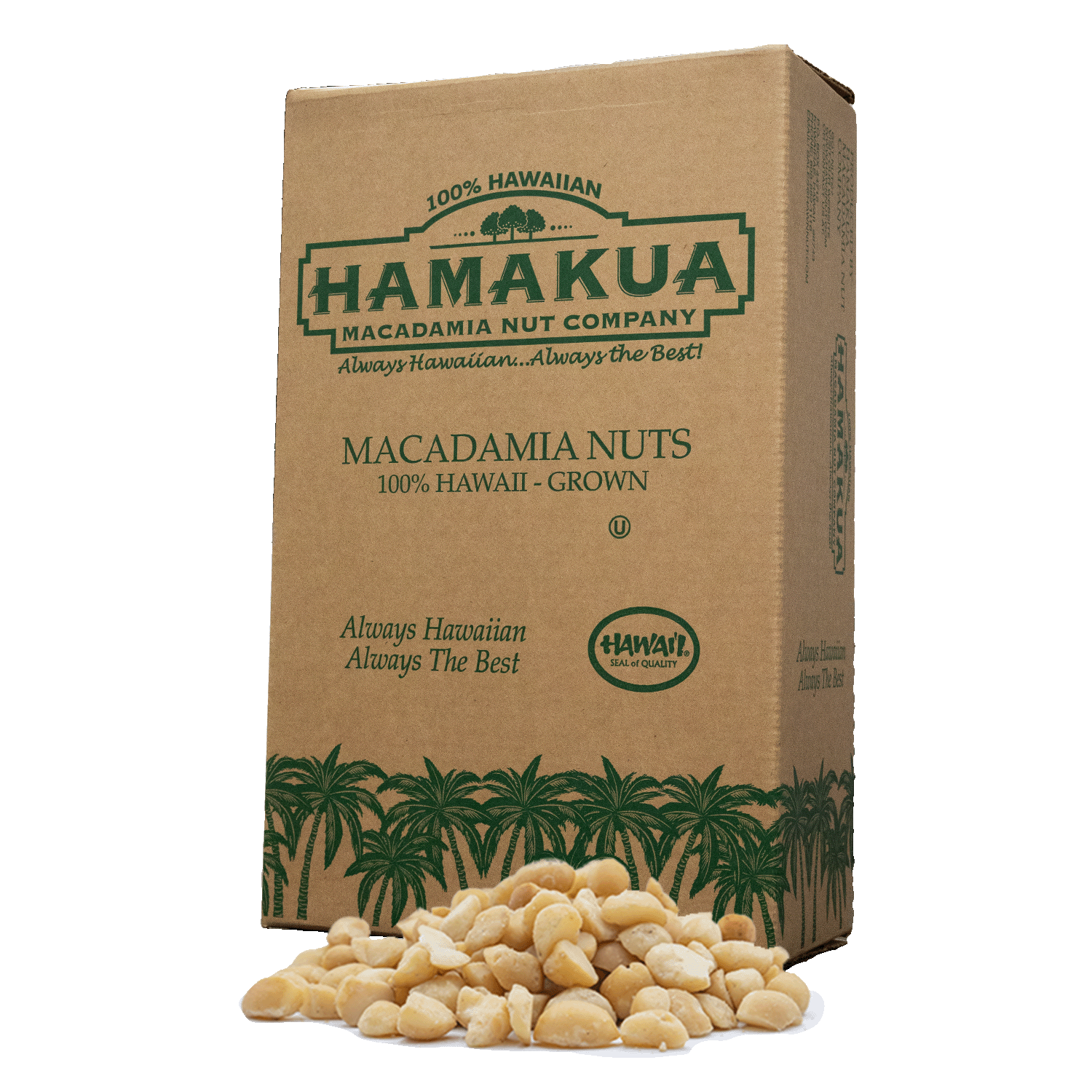 Hāmākua Macadamia Nut Company bulk box with a pile of Style 4 macadamia nuts in front of it