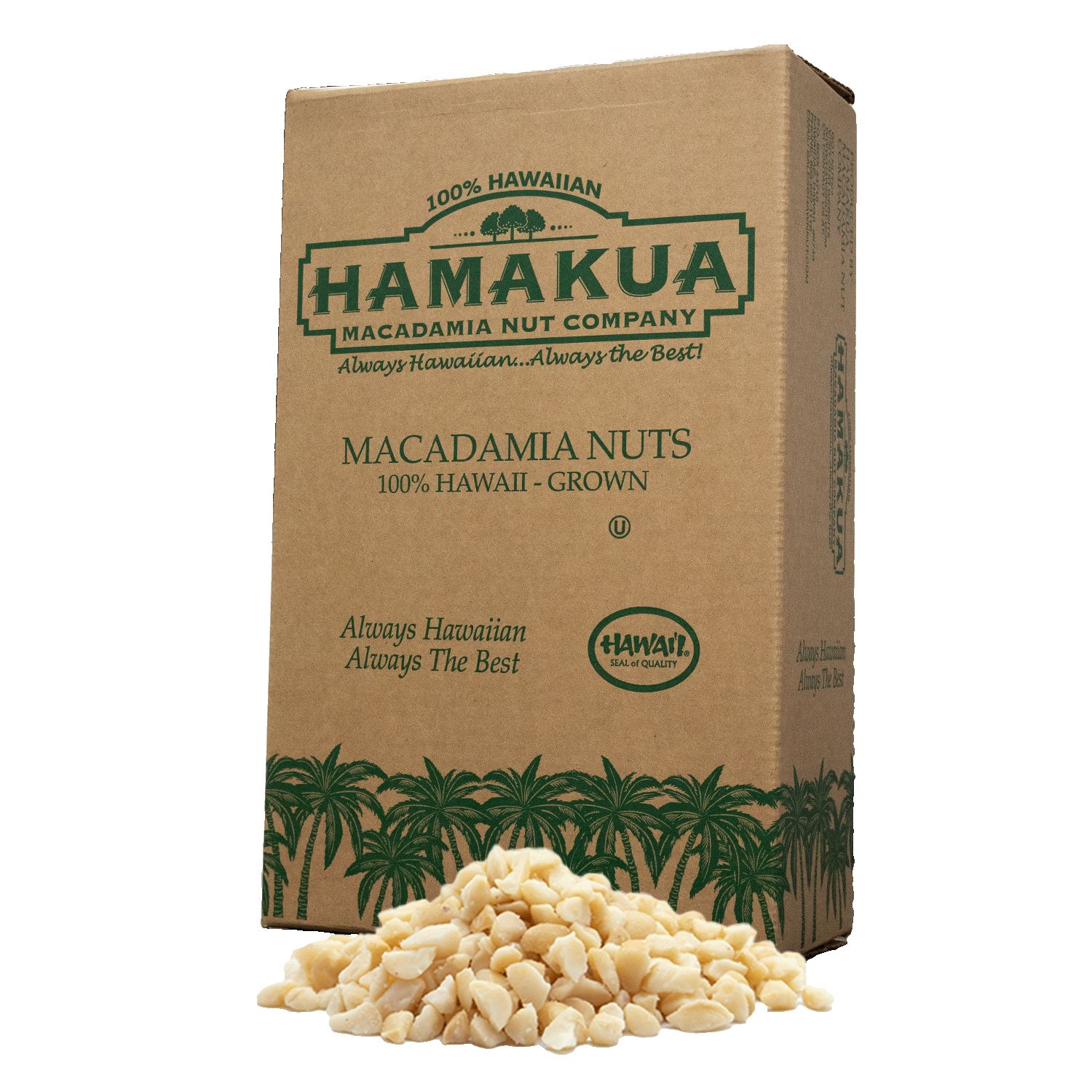 Hāmākua Macadamia Nut Company bulk box with a pile of Style 5 macadamia nuts in front of it