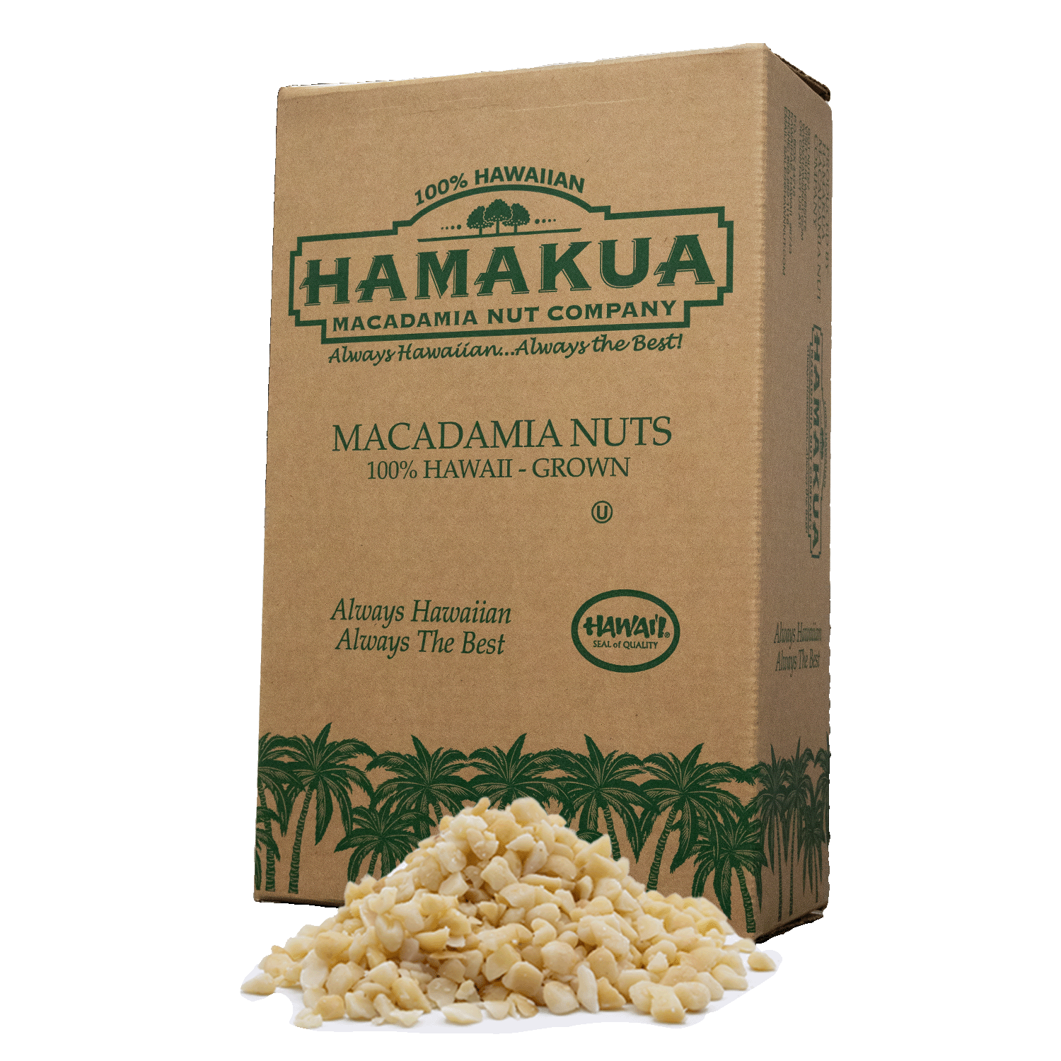 Hāmākua Macadamia Nut Company bulk box with a pile of Style 6 macadamia nuts in front of it