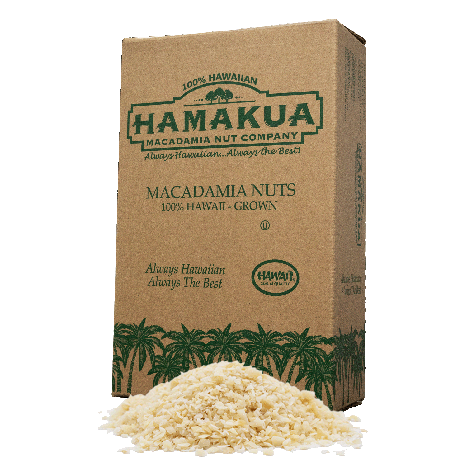 Hāmākua Macadamia Nut Company bulk box with a pile of Style 8 macadamia nuts in front of it