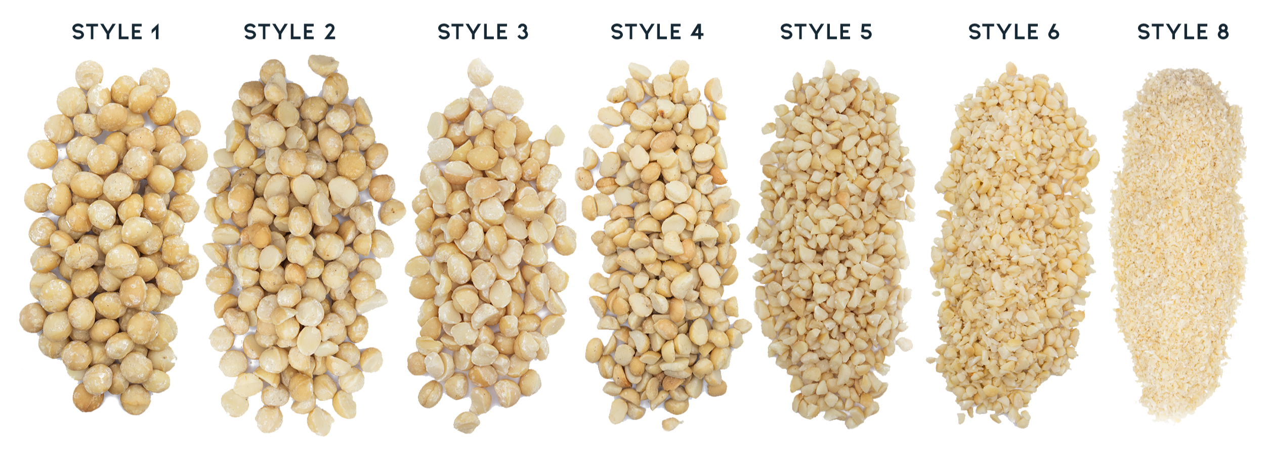 Eight styles of macadamia nuts Hāmākua Macadamia Nut Company offers in a row