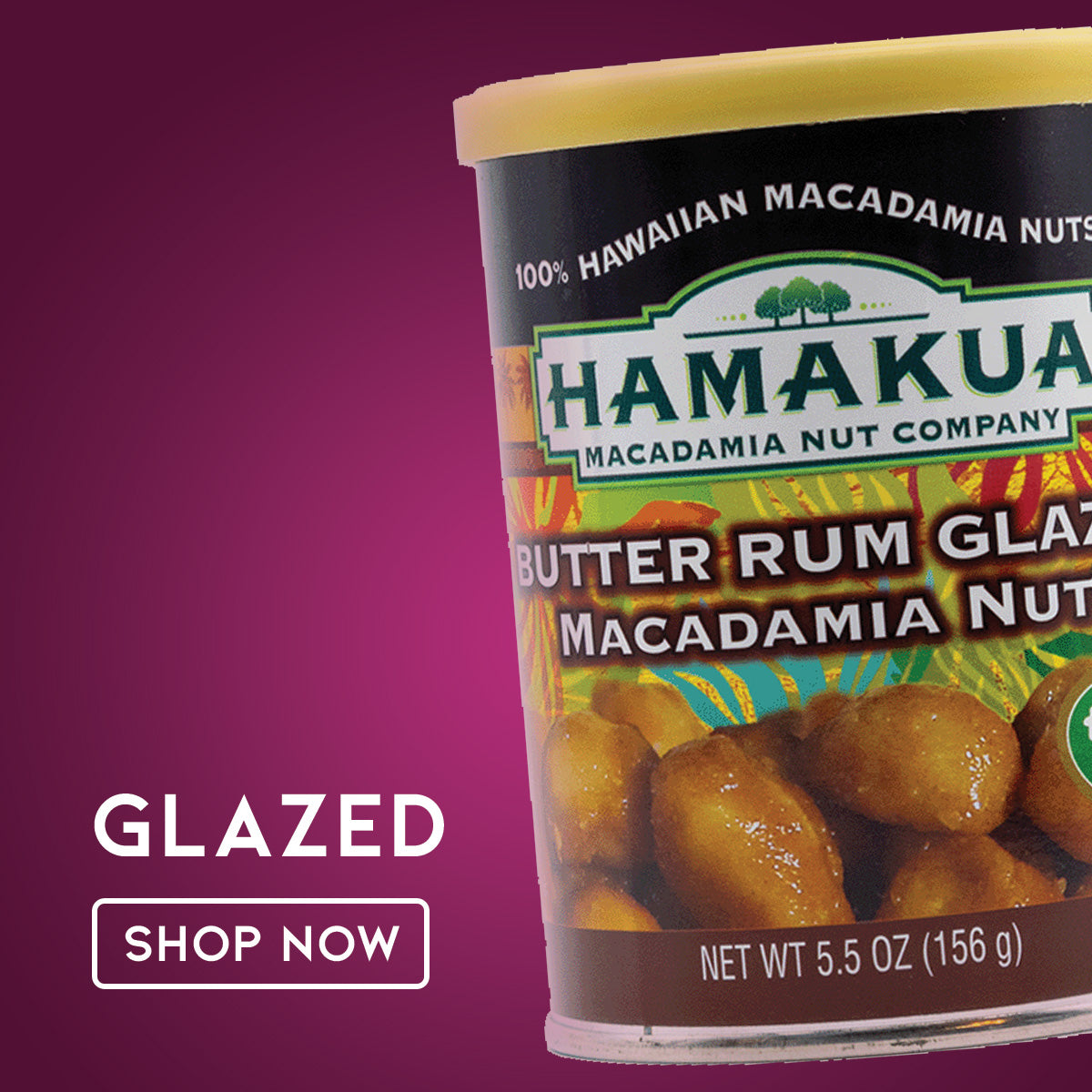 Can of Hāmākua Macadamia Nut Company Butter Rum Glaze Macadamia Nuts on a gradient pink background