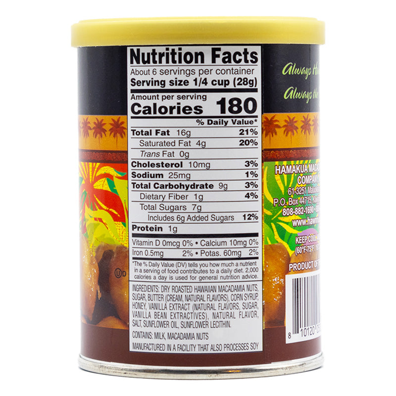 Nutrional label of 5.5oz can of Hāmākua Macadamia Nut Company Butter Rum Macadamia Nuts