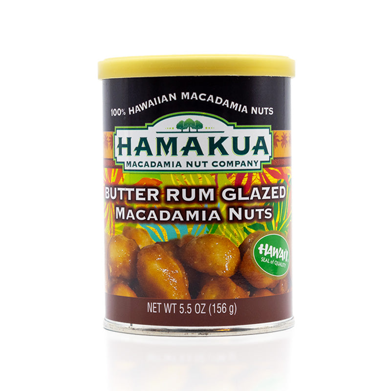 5.5oz can of Hāmākua Macadamia Nut Company Butter Rum Glazed Macadamia Nuts