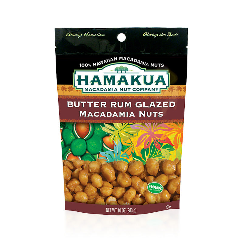 10oz pouch of Hāmākua Macadamia Nut Company Butter Rum Glazed Macadamia Nuts