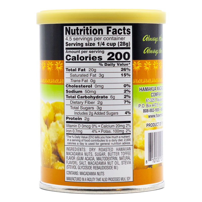 Nutrional label of 4.5oz can of Hāmākua Macadamia Nut Company Butter Toffee Macadamia Nuts