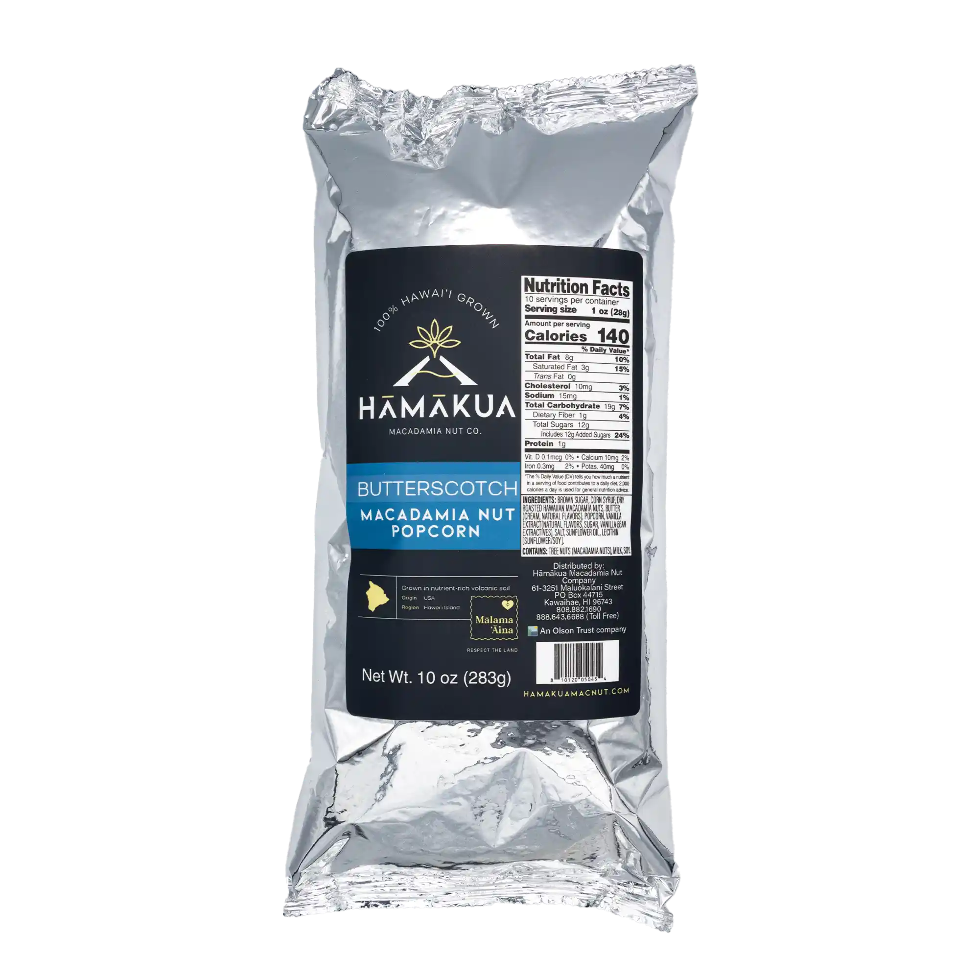 10oz Pouch of Butterscotch Macadamia Nut popcorn by Hāmākua Macadamia Nut Company
