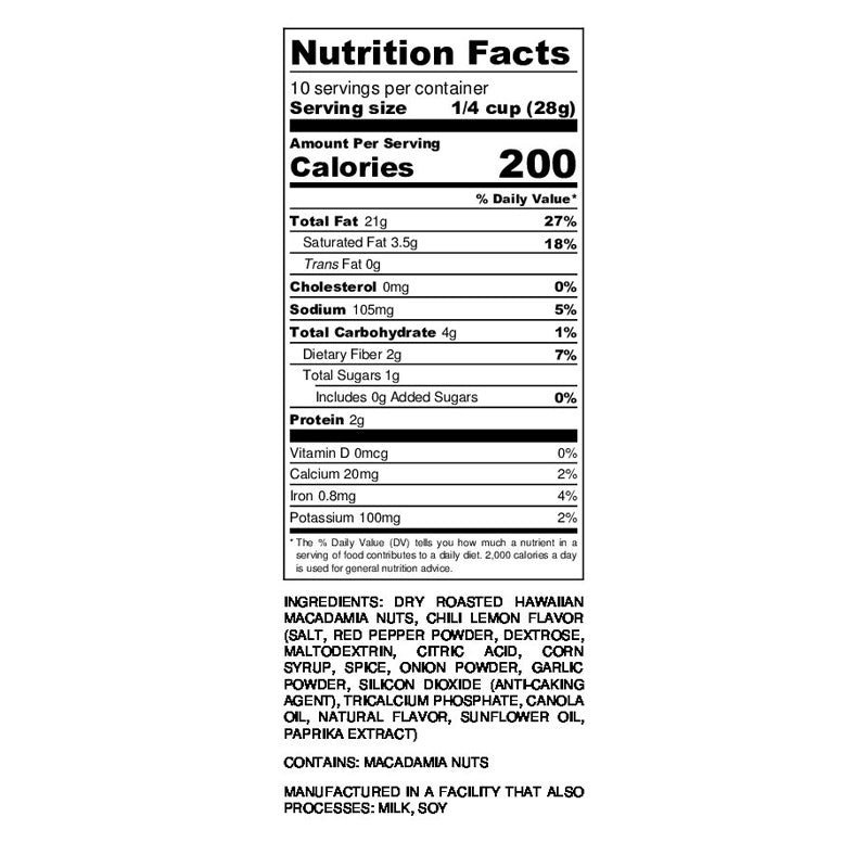 Nutrional label of 4.5oz can of Hāmākua Macadamia Nut Company Chili Peppah Macadamia Nuts
