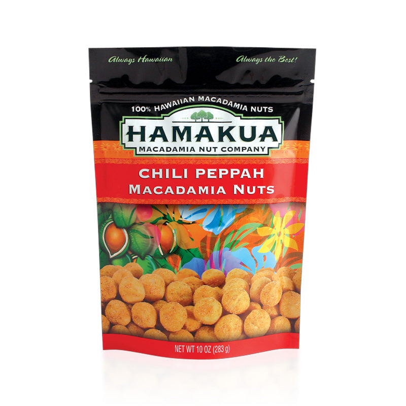 10oz pouch of Hāmākua Macadamia Nut Company Chili Peppah Macadamia Nuts