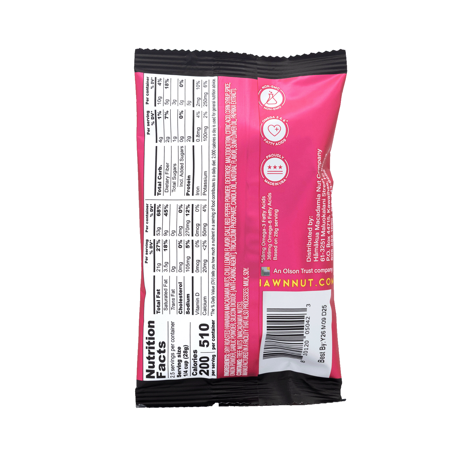 Hāmākua Macadamia Nut Company Chili Peppah macadamia nuts 2.5oz pouch nutrition label