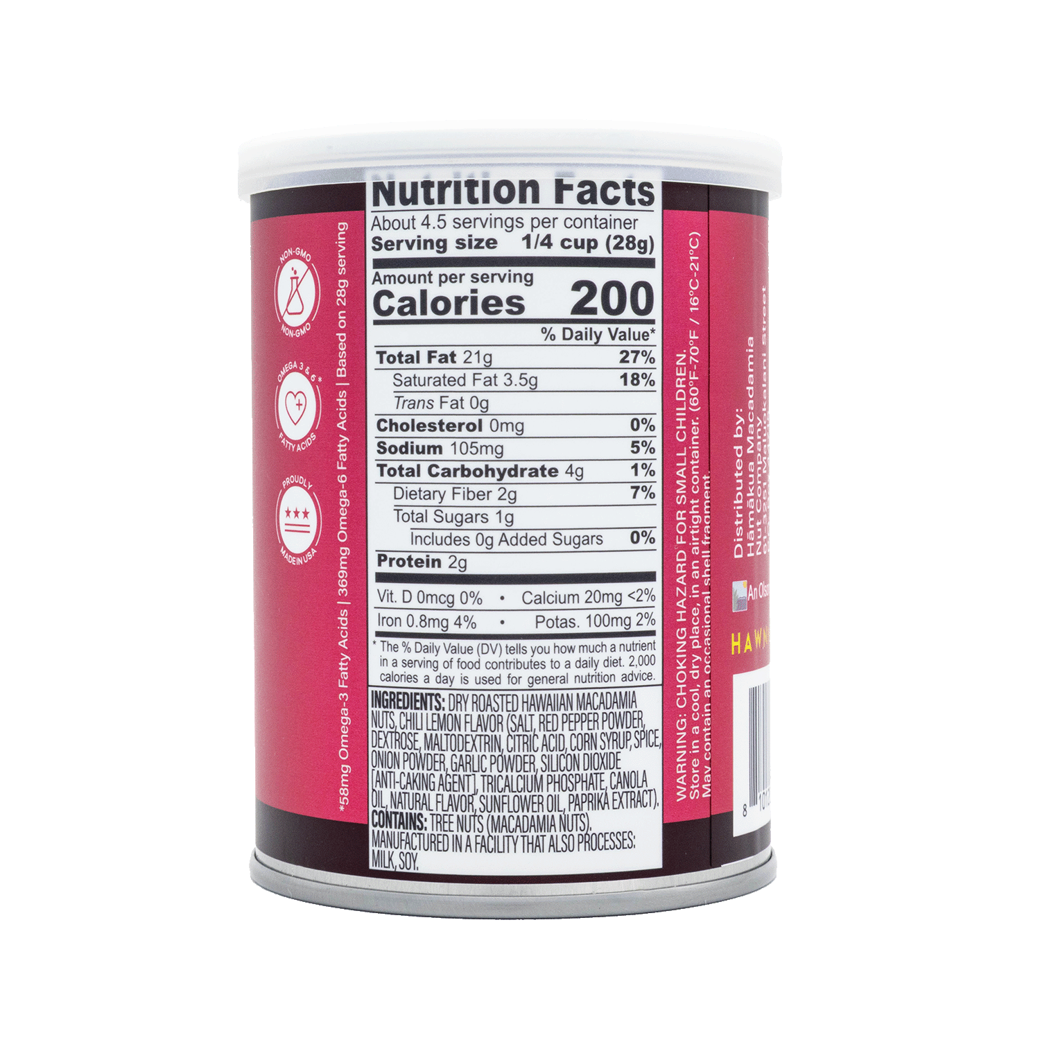Hāmākua Macadamia Nut Company Chili Peppah macadamia nuts can nutrition label.
