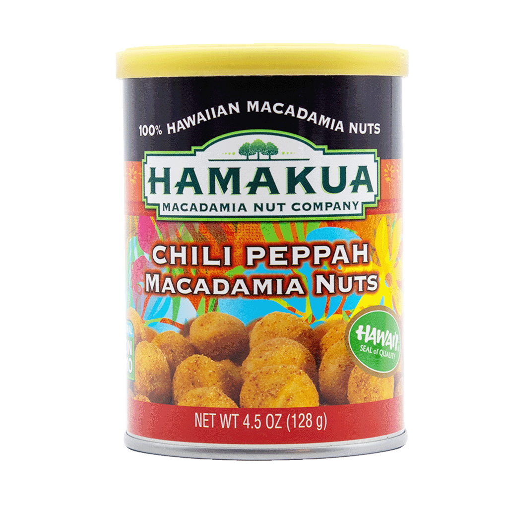 4.5oz can of Hāmākua Macadamia Nut Company Chili Peppah Macadamia Nuts