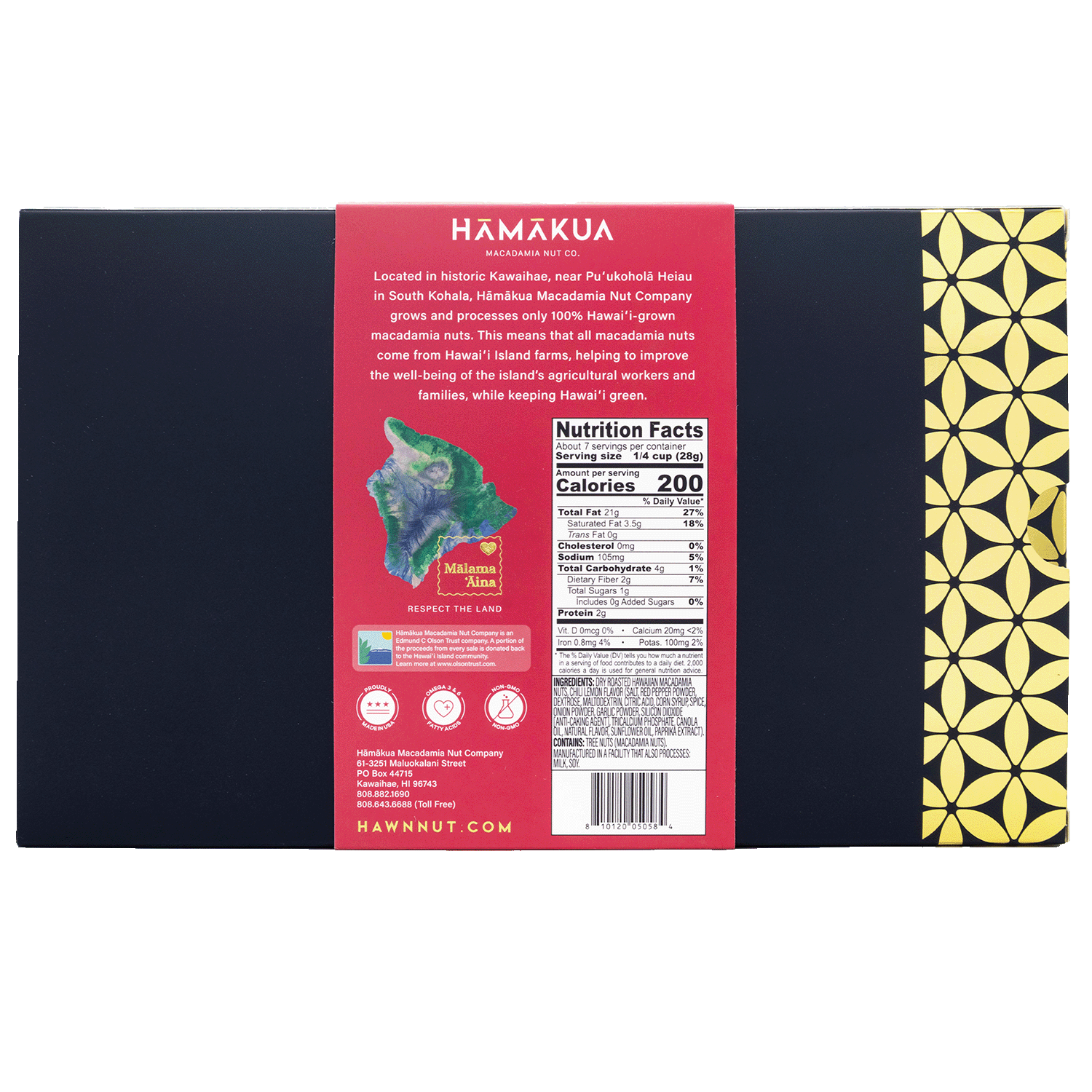 Hāmākua Macadamia Nut Company Chili Peppah macadamia nuts box nutrition label