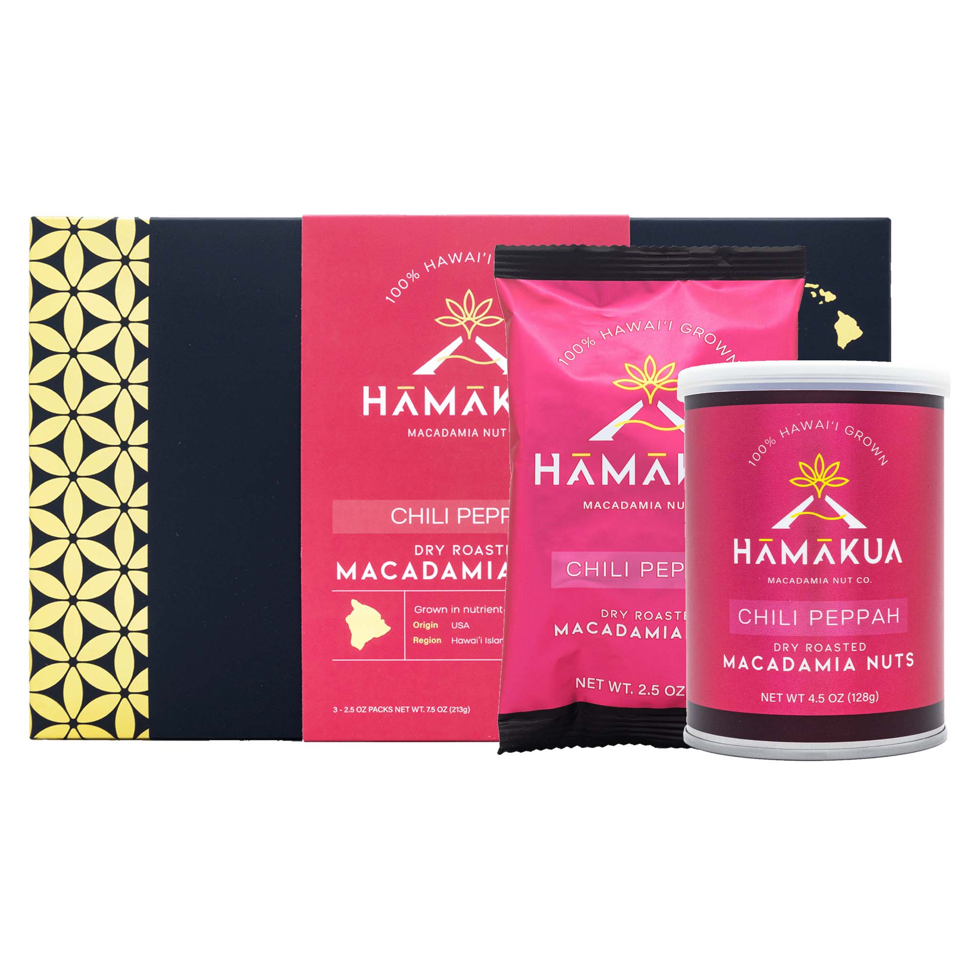 Hāmākua Macadamia Nut Company Chili Peppah Macadamia Nuts in various size packaging