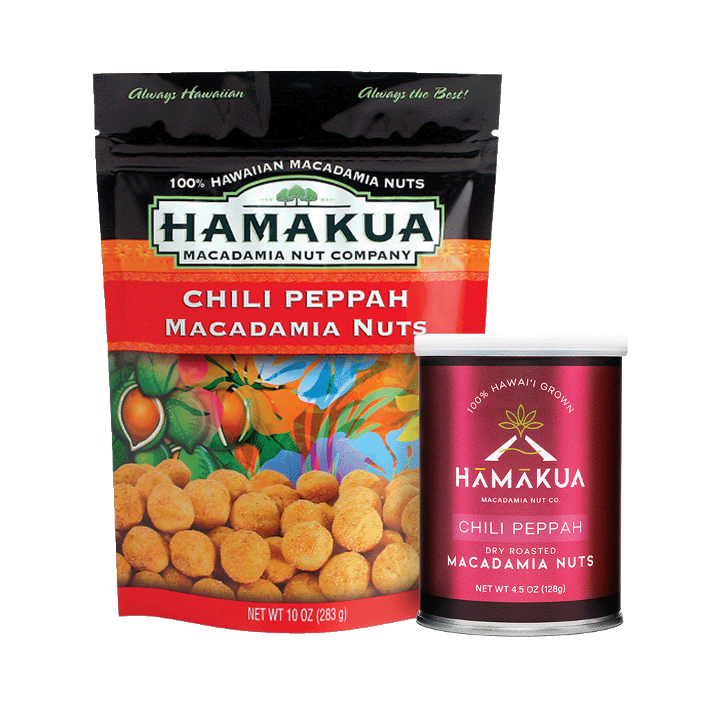 Hāmākua Macadamia Nut Company Chili Peppah macadamia nuts cans and pouches