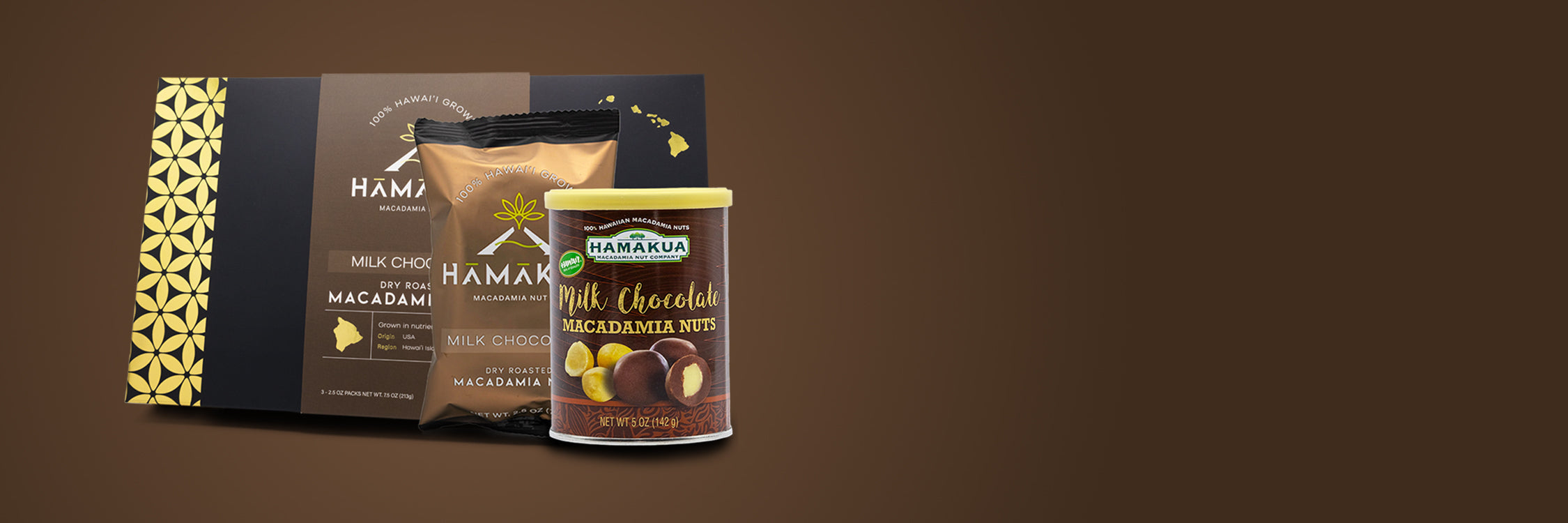 Hāmākua Macadamia Nut Co Chocolate packaging on a brown background