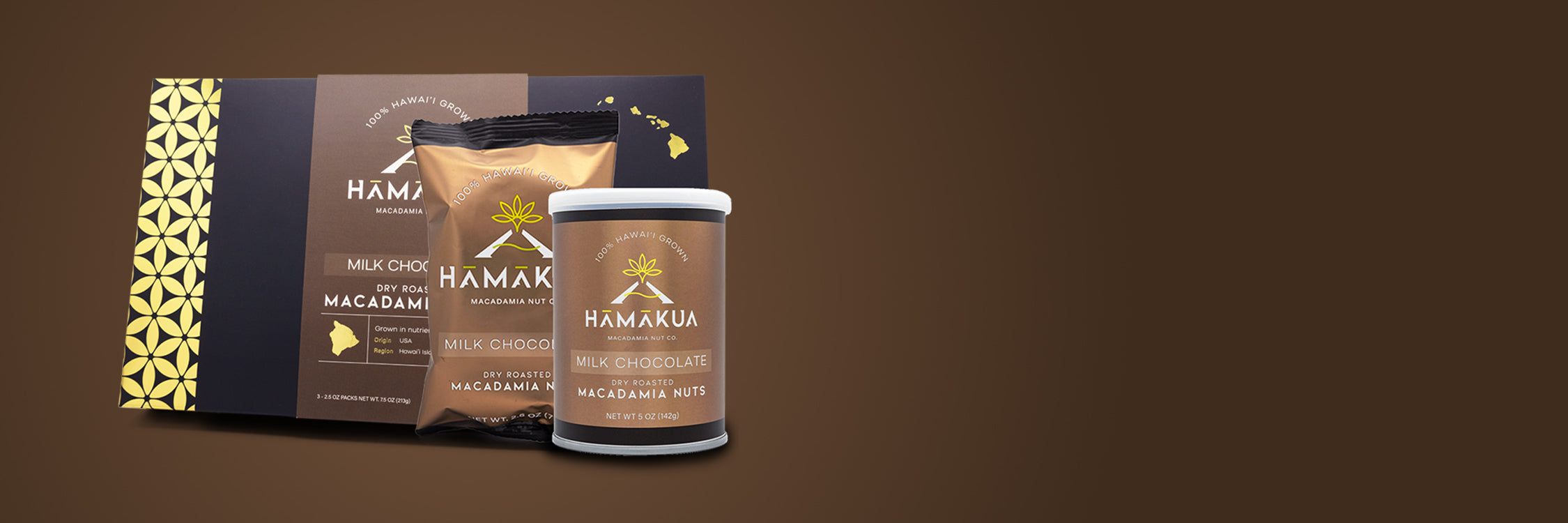 Hāmākua Macadamia Nut Co Chocolate packaging on a brown background