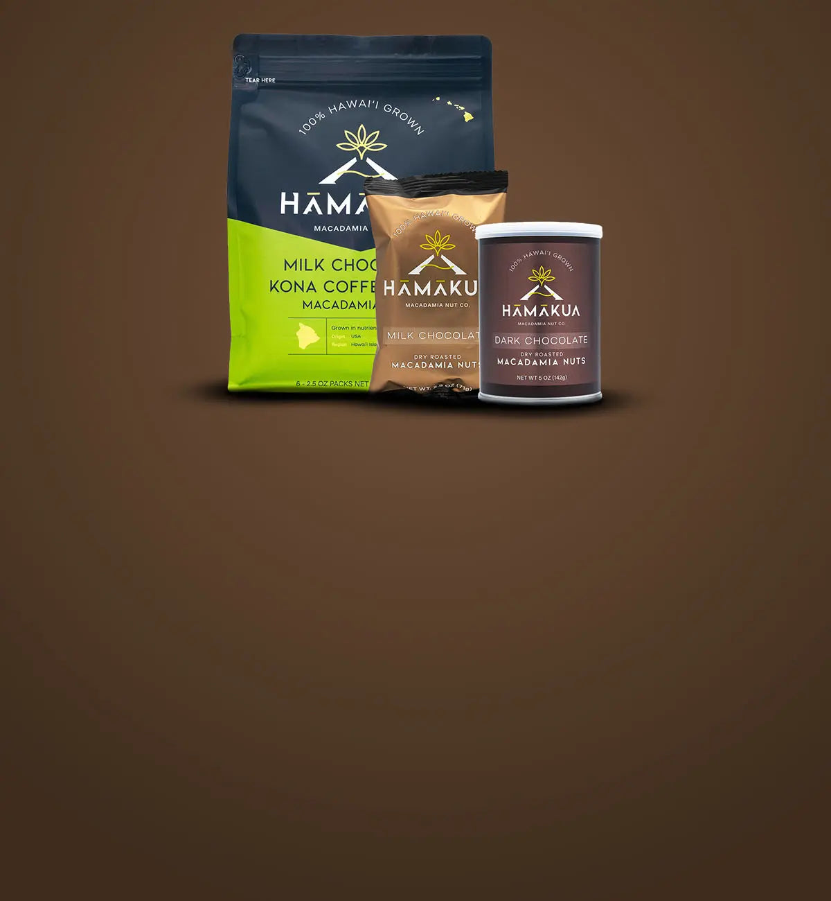 Various Hāmākua Macadamia Nut Co chocolates on a brown gradient background.