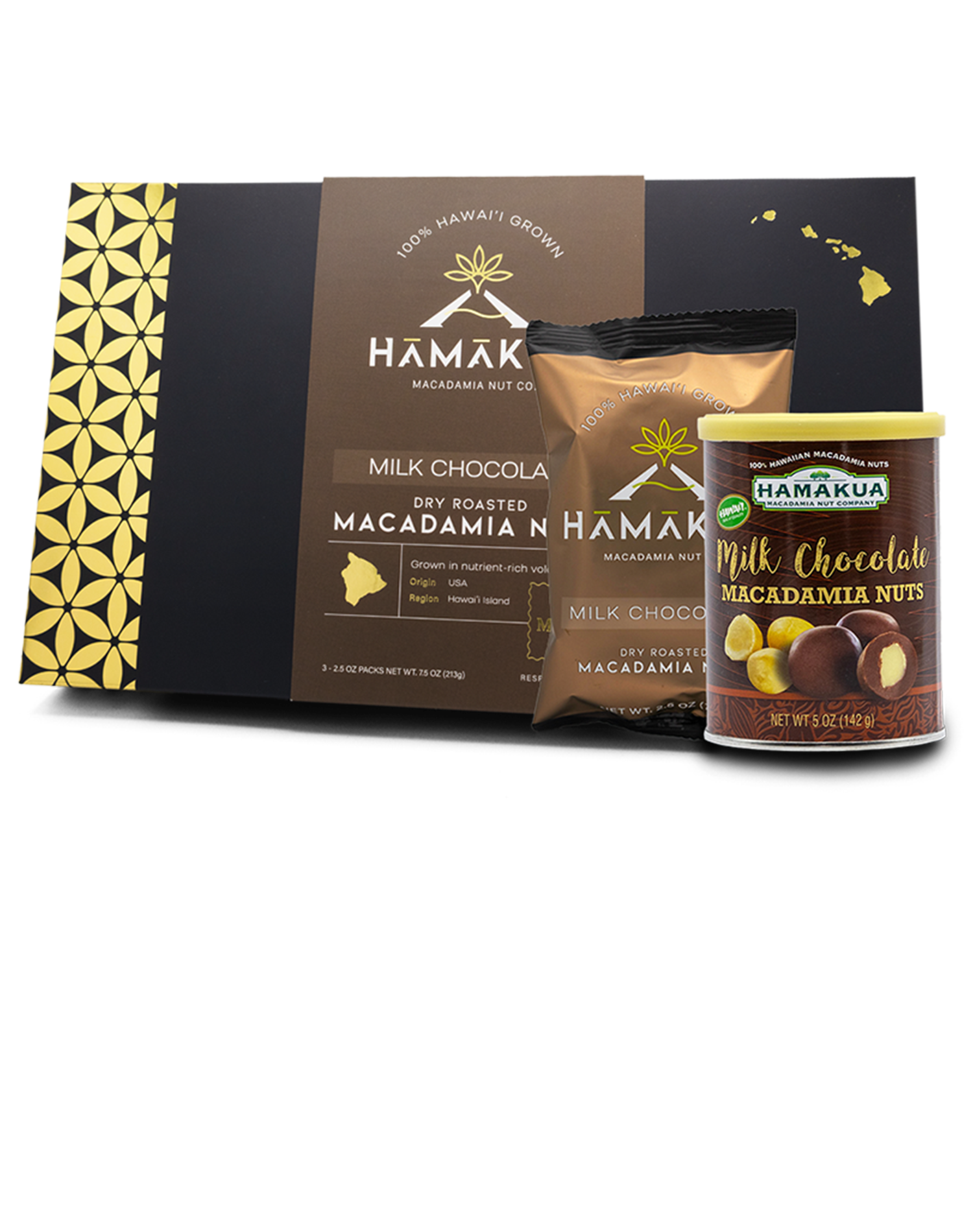 Hamakua Macadamia Nut Co. products including a box, pocuh, and a can of milk chocolate macadamia nuts on a white background.