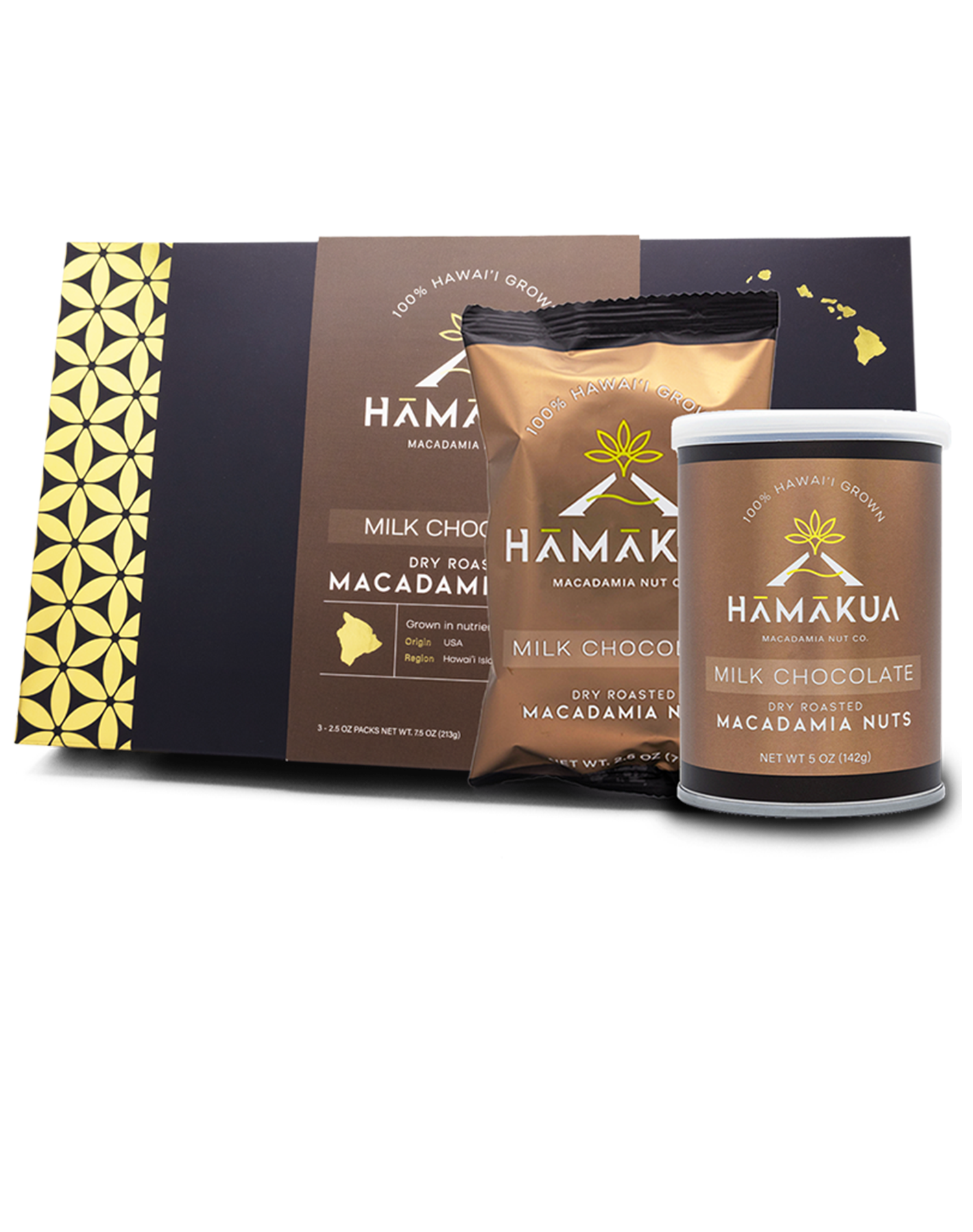 Hamakua Macadamia Nut Co. products including a box, pouch, and a can of milk chocolate macadamia nuts.