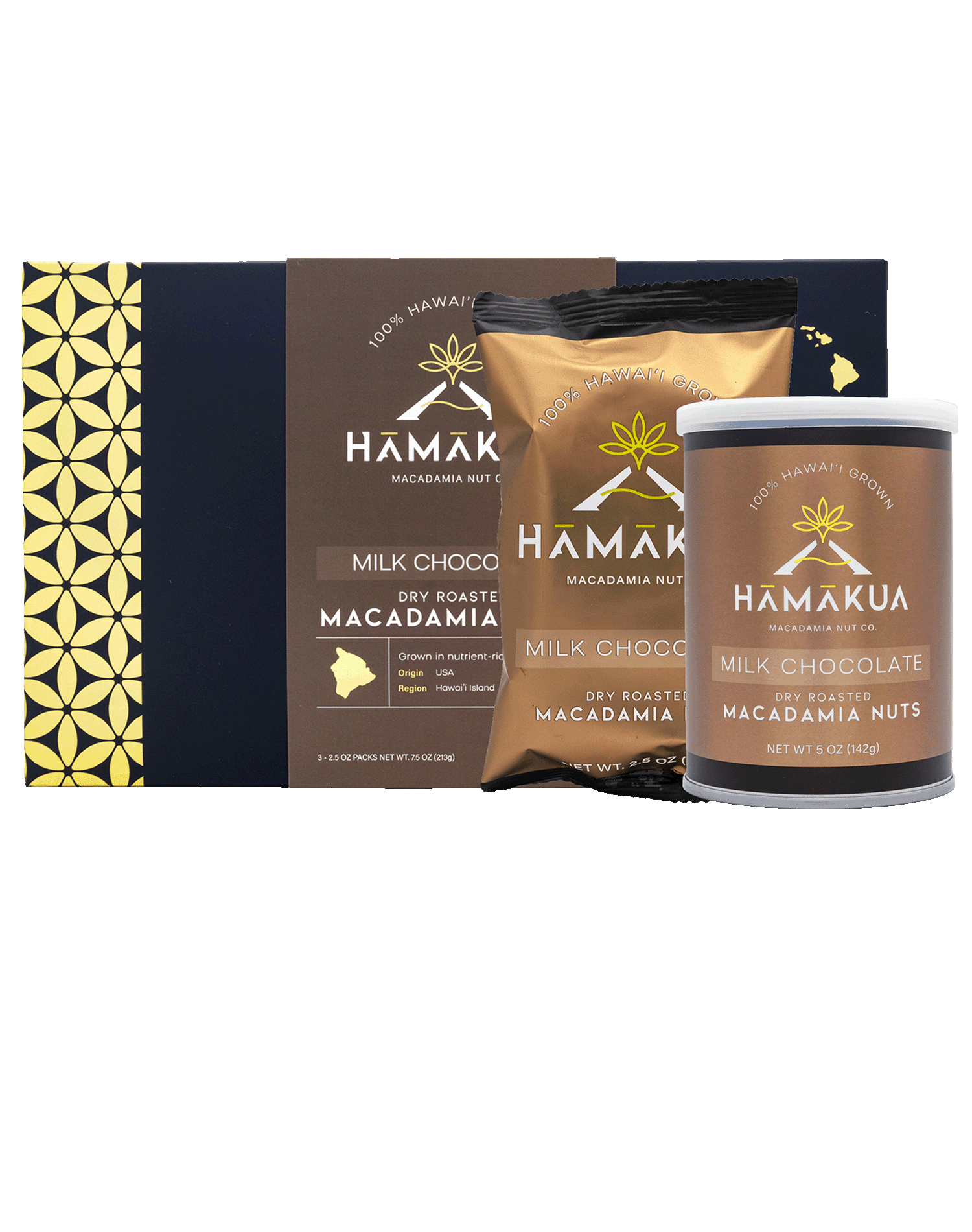 Hamakua Macadamia Nut Co. products including a box, pouch, and a can of milk chocolate macadamia nuts.