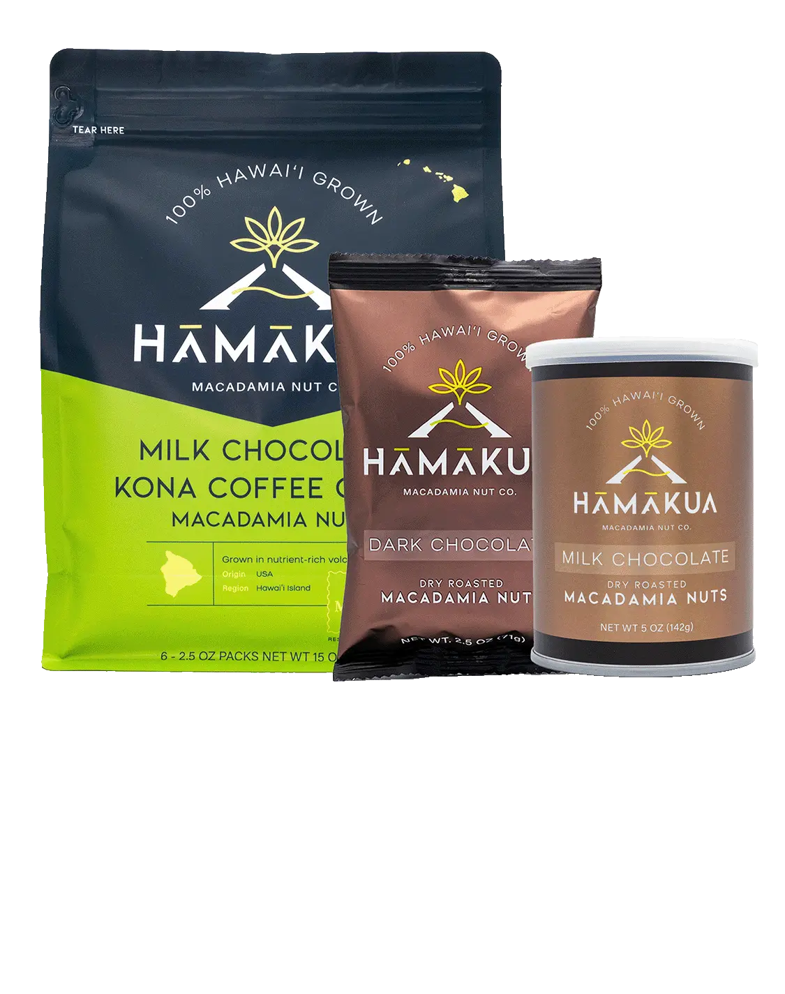 Hāmākua Macadamia Nut Company Chocolate Macadamia Nuts in various size packaging