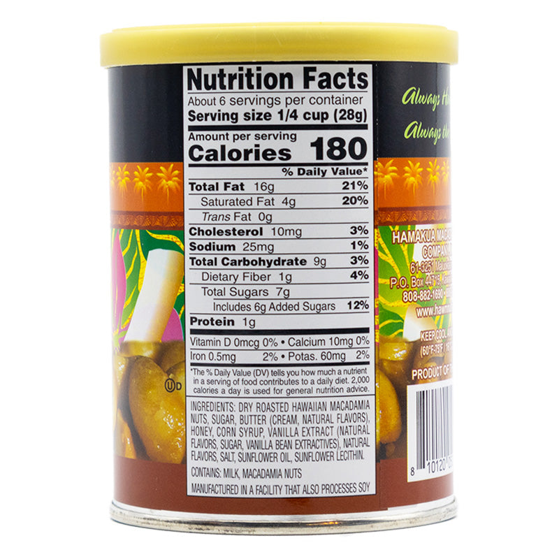 Nutrional label of 5.5oz can of Hāmākua Macadamia Nut Company Coconut Glazed Macadamia Nuts