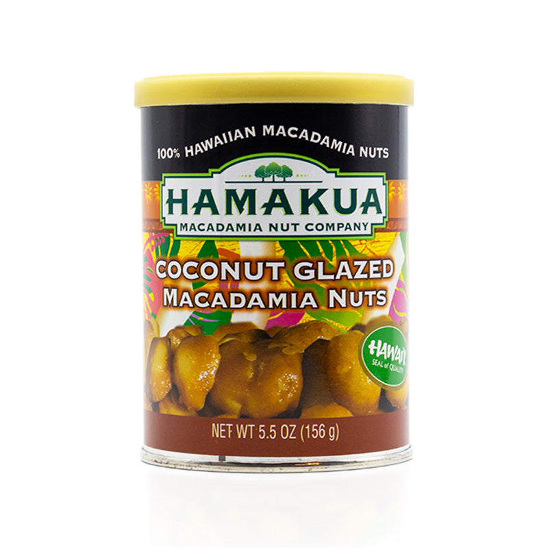 Nutrional label of 5.5oz can of Hāmākua Macadamia Nut Company Coconut Glazed Macadamia Nuts