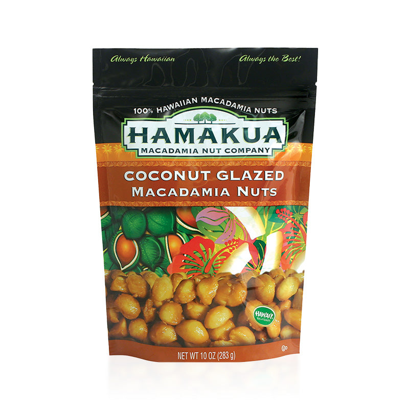 10oz pouch of Hāmākua Macadamia Nut Company Coconut Glazed Macadamia Nuts