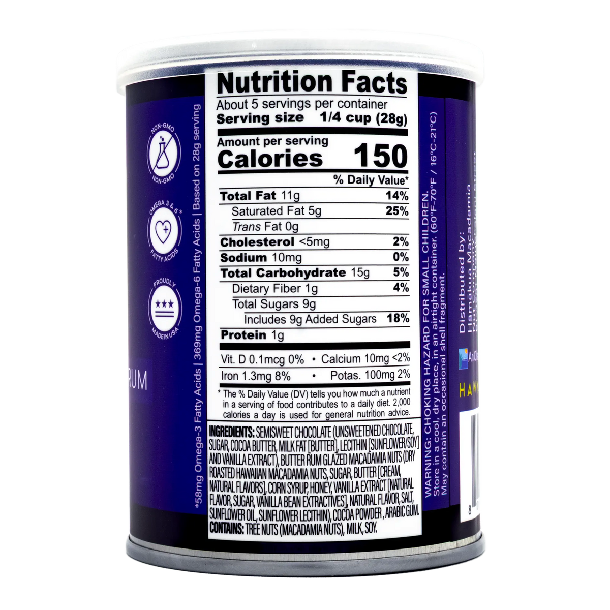 Hāmākua Macadamia Nut Company Dark Chocolate Butter Rum macadamia nuts 5oz can nutrition label