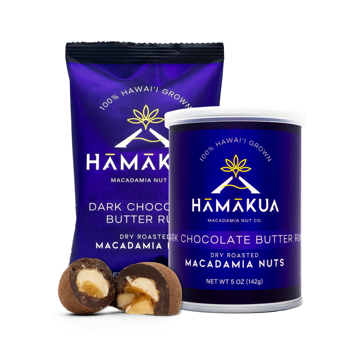 Hāmākua Macadamia Nut Company Dark Chocolate Butter Rum macadamia nuts 2.5oz pouch and a 5oz purple can with two halves of the product in front of it.
