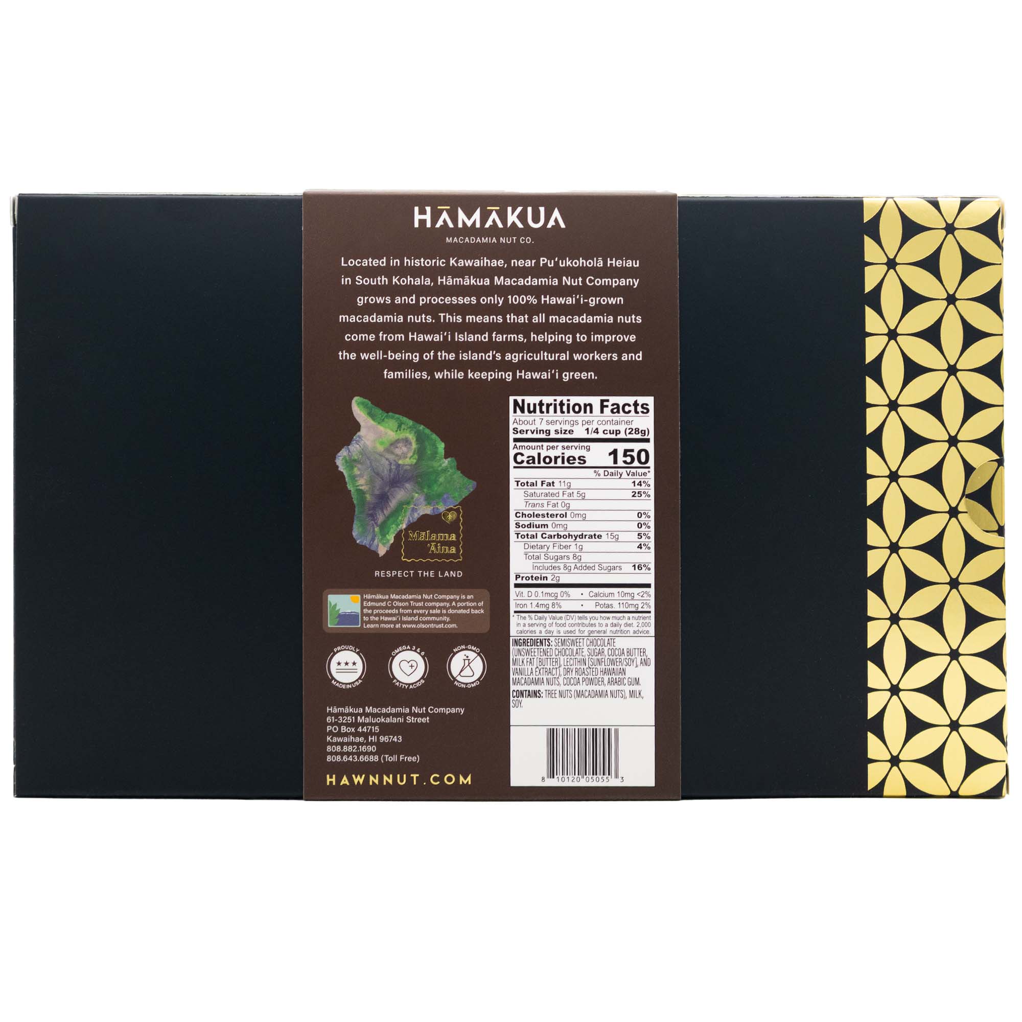 Hamakua Macadamia Nut Co. Milk Dark Chocolate macadamia nuts 7.5oz packaging nutrition facts