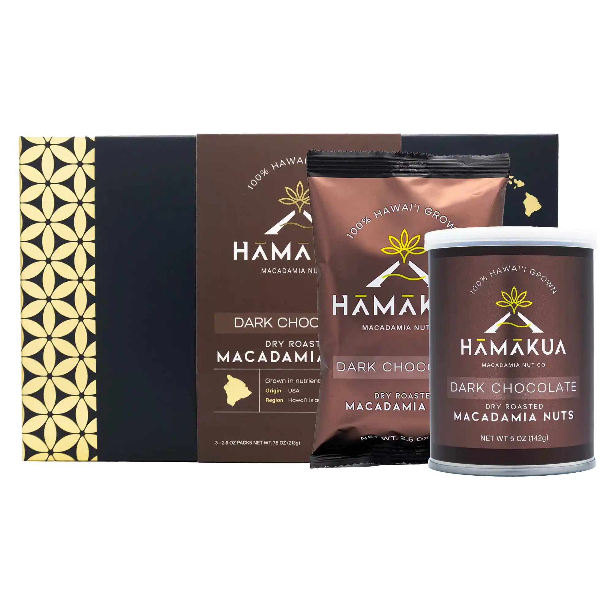 Hamakua Macadamia Nut Co. Milk Dark Chocolate macadamia nuts various size packaging