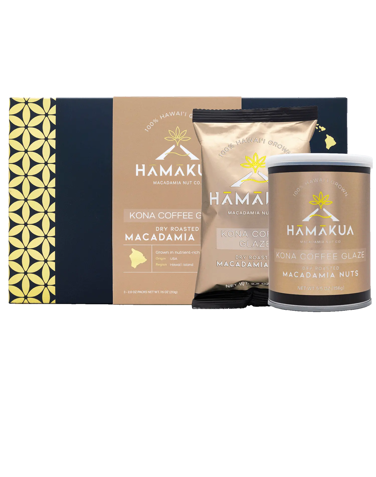 Hāmākua Macadamia Nut Company Kona Coffee Glaze Macadamia Nuts in various size packaging