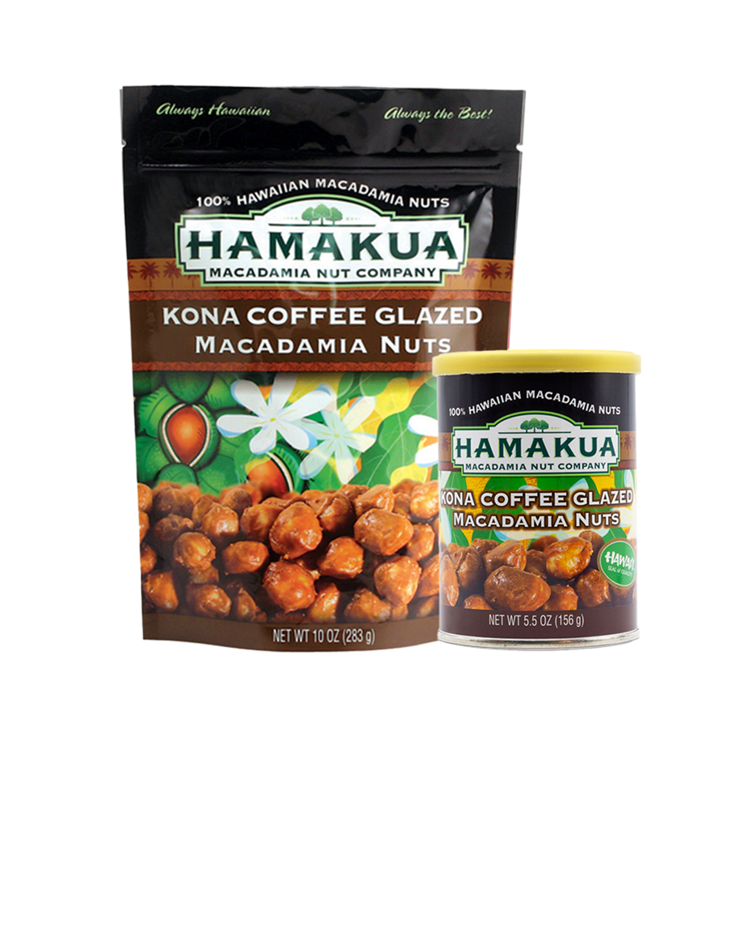10oz pouch and 5.5oz can of Hāmākua Macadamia Nut Company Kona Coffee Glazed Macadamia Nuts