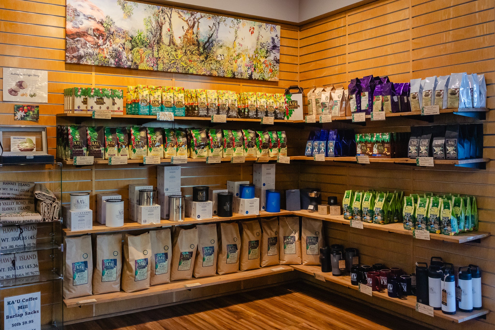 Shelves of Kaʻū Coffee Mill products located in Kaʻū Coffee Mill Cafe