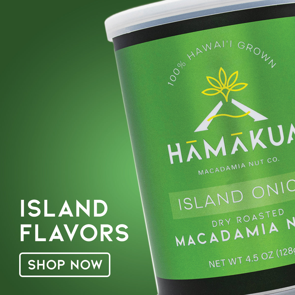 Hāmākua Macadamia Nut Company Island Onion packaging with promotional text on a green gradient background