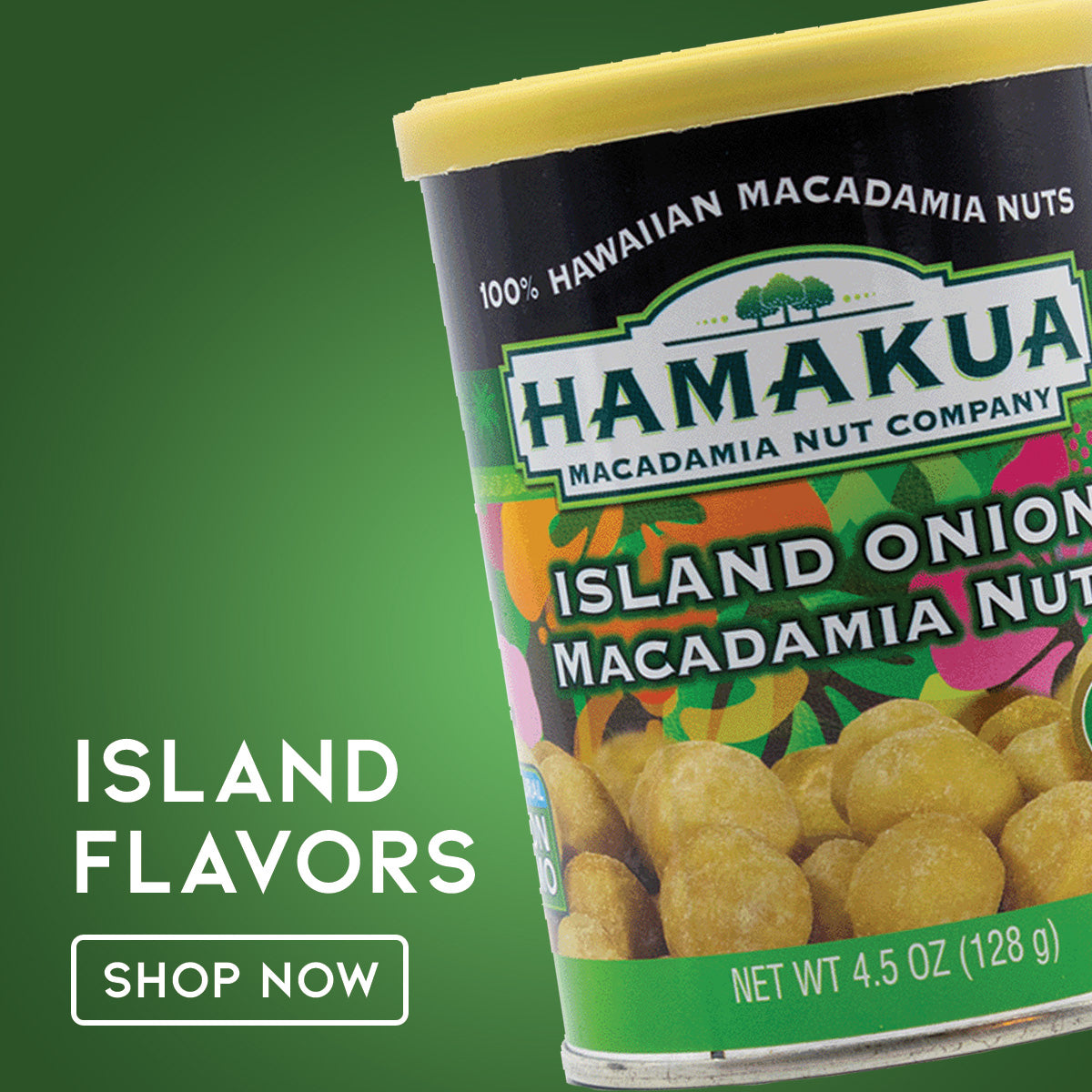 Can of Hāmākua Macadamia Nut Company Island Onion Macadamia Nuts on a green gradient background