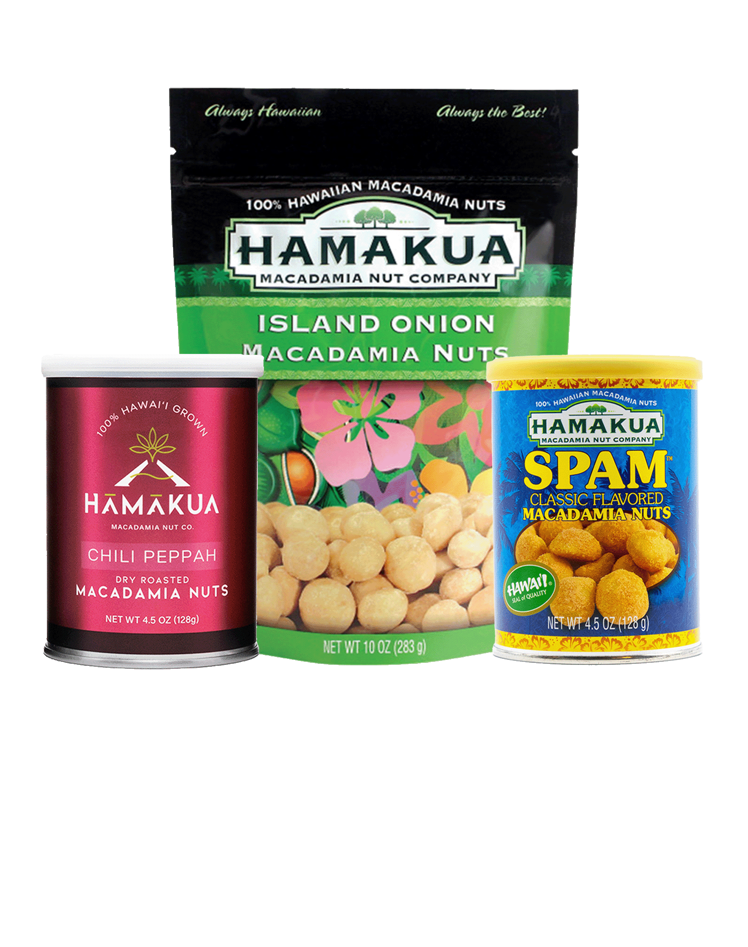 Three packages of Hāmākua Macadamia Nut Co. macadamia nuts. One Chili Peppah, one SPAM and one Island Onion package.