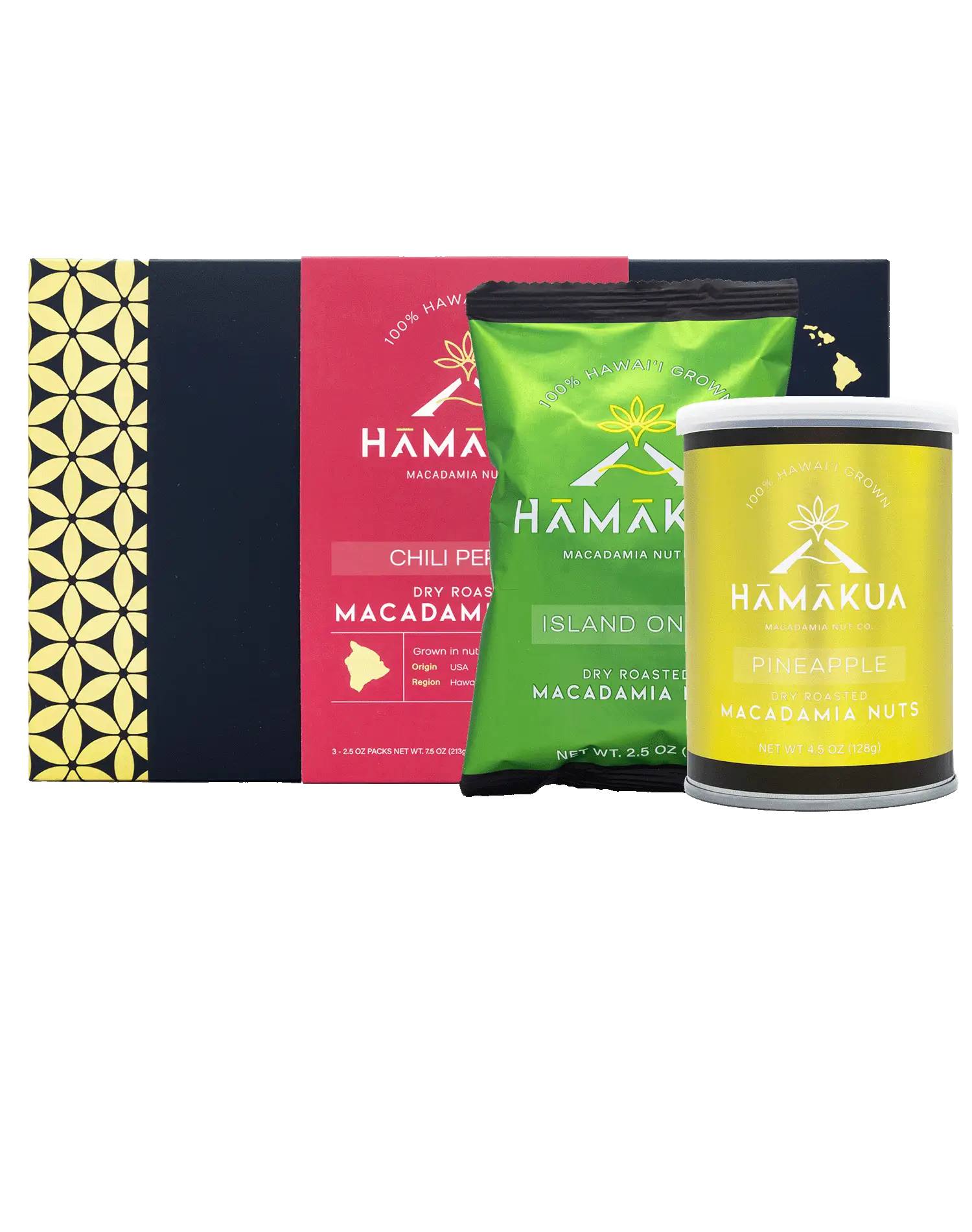 Three Hāmākua Macadamia Nut Company macadamia nut flavors in a variety of packaging sizes