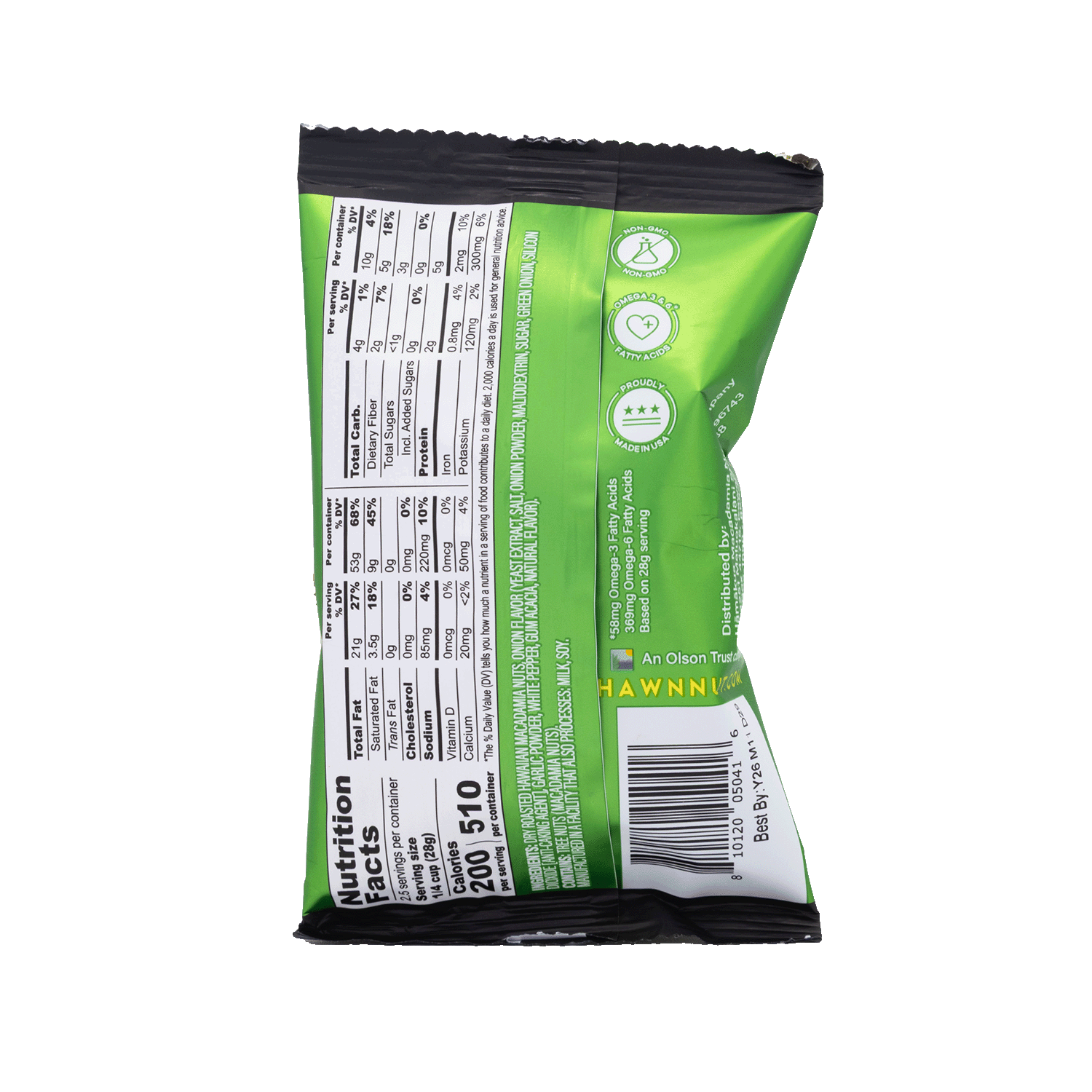 Hāmākua Macadamia Nut Company Island Onion macadamia nuts 2.5oz Pouch nutrition label