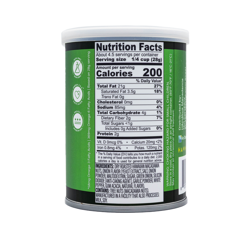 Green Hāmākua Macadamia Nut Company Island Onion macadamia nuts 4.5oz can nutrition label.