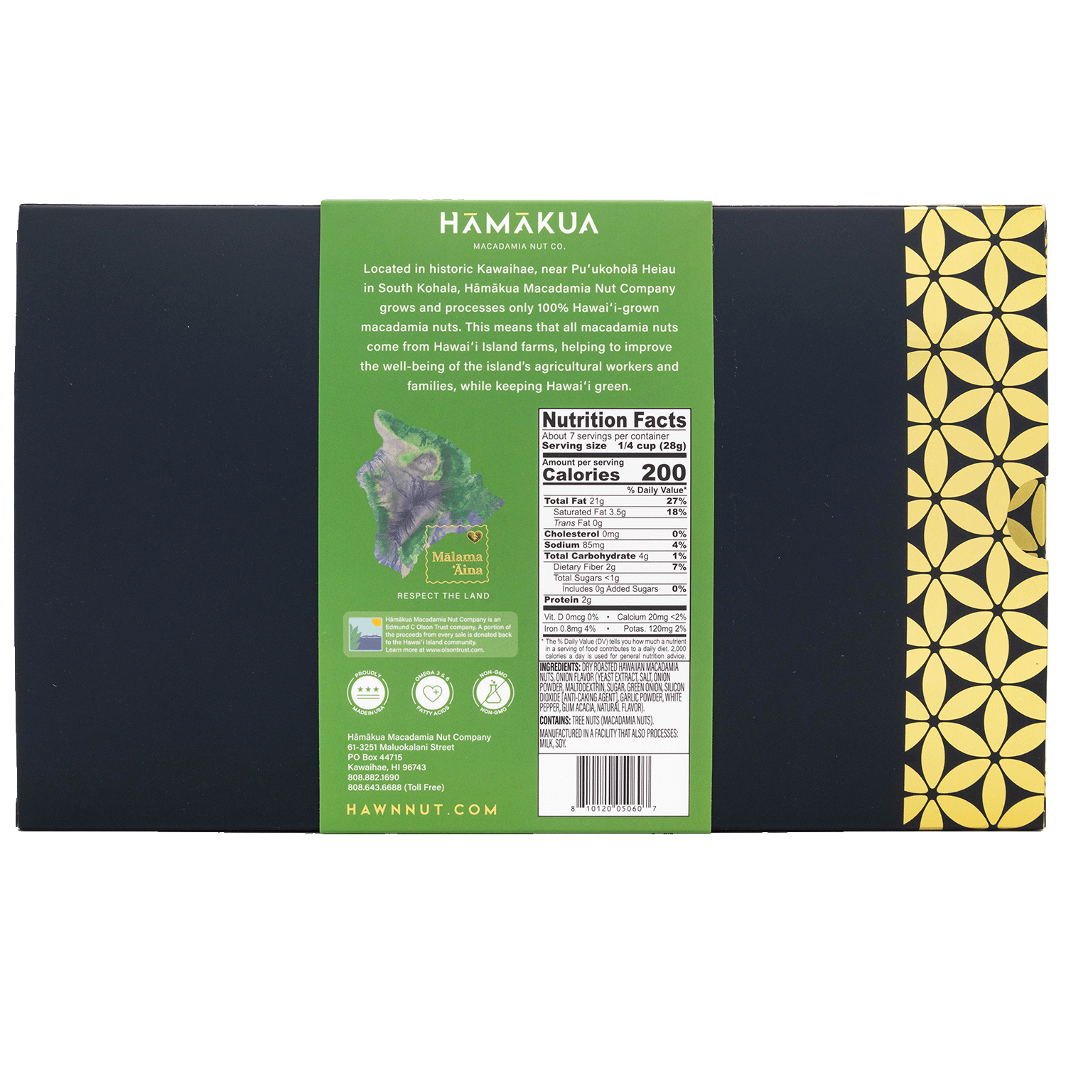 Hāmākua Macadamia Nut Company Island Onion macadamia nuts box nutrition label.