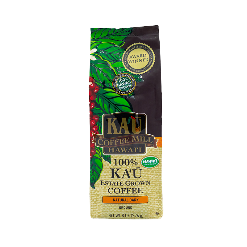 8oz bag of Kaʻū Coffee Mill natural dark ground coffee