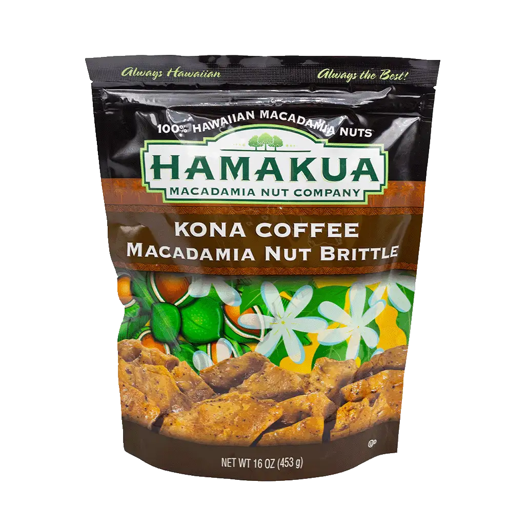 16oz Hāmākua Macadamia Nut Co. Kona Coffee Macadamia Nut Brittle packaging