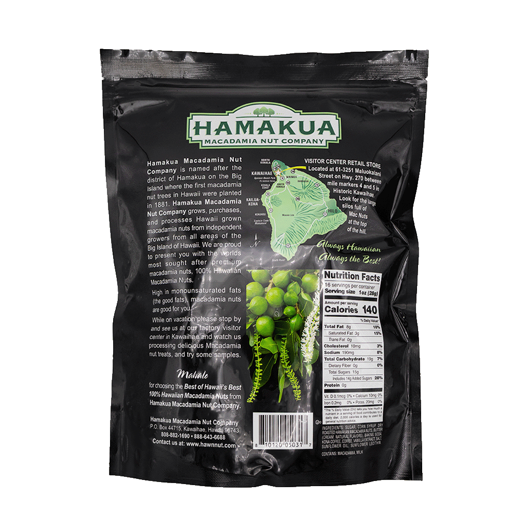 Back and nutrition label of Hāmākua Macadamia Nut Company Kona Coffee Macadamia Nut Brittle